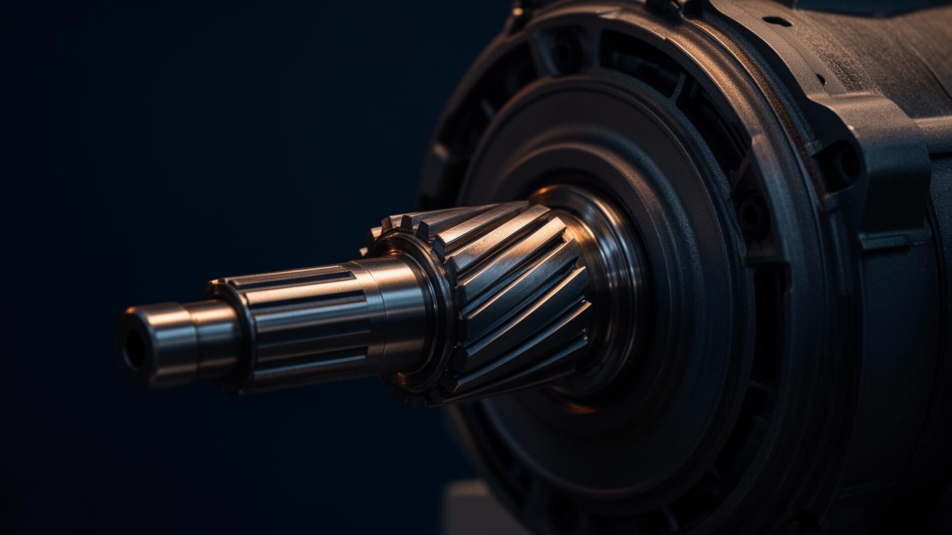 Precision industrial gear shaft and heavy machinery in dramatic factory lighting