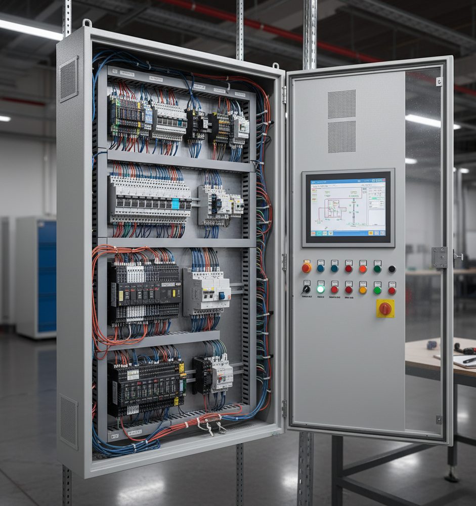 Industrial control cabinet with HMI touch panel, pushbuttons, and organized wiring