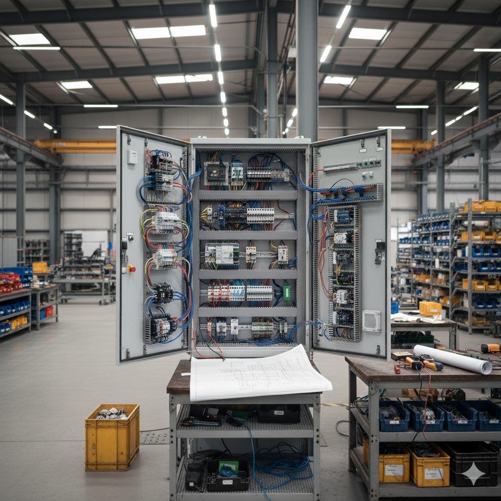 Bespoke control panel wired to a customer specification with technical drawings