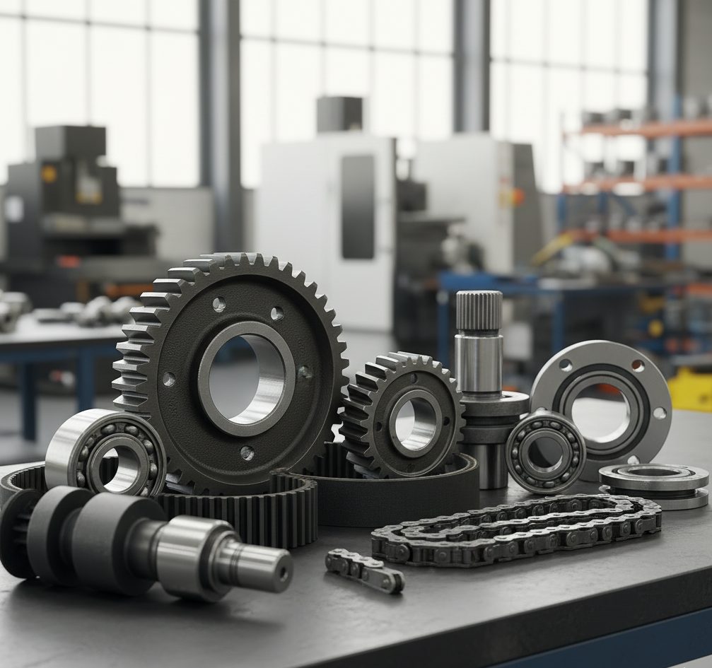Gears, bearings, chains, and shafts laid out on a workbench in a machining workshop